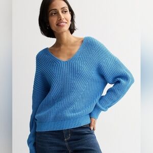NWT Sonoma V-Neck Blue Ribbed Knit Sweater, Large